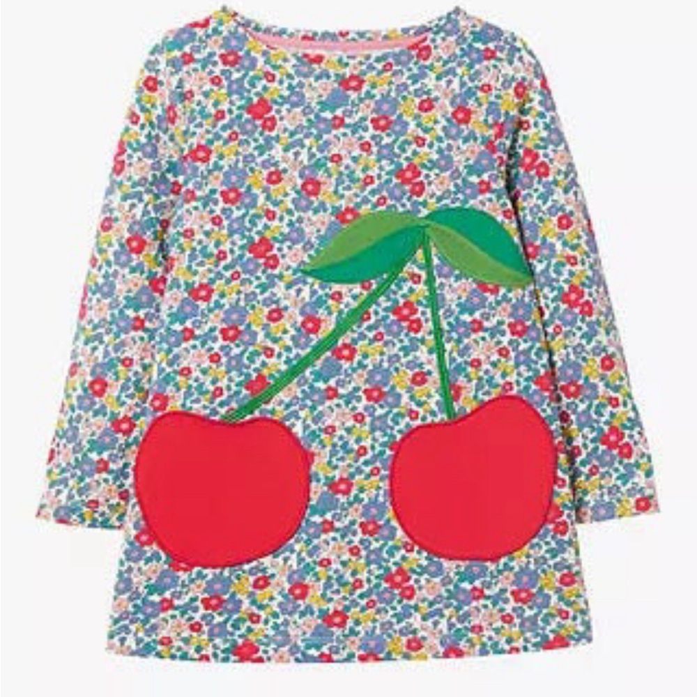 Mini Boden Large Cherry Appliqué Liberty Floral Tunic Dress Sz 5-6